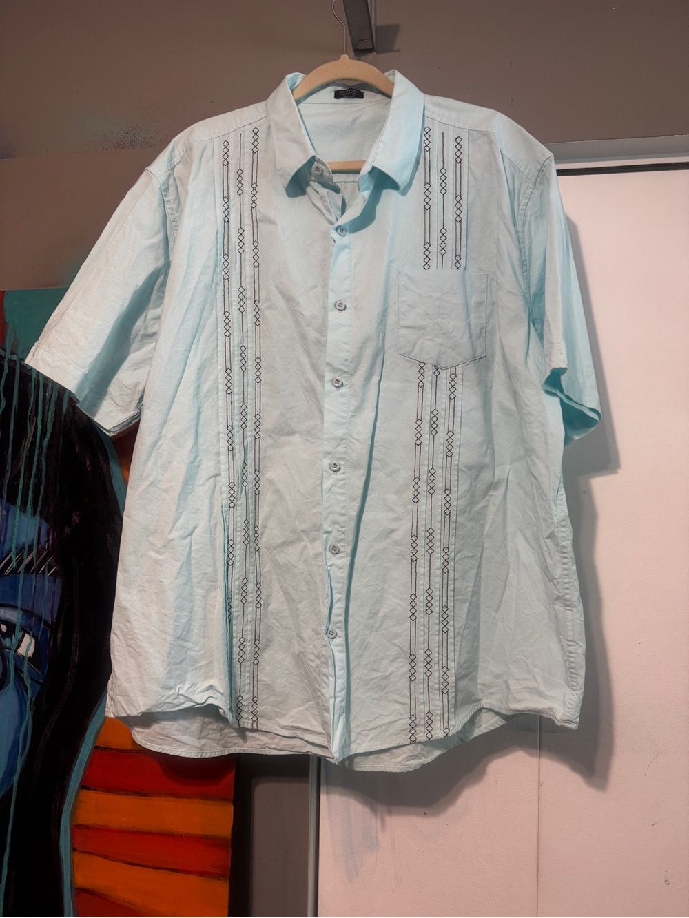 Coofandy Men’s XXL Sky Blue Embroidered Short Sleeve Button Up Shirt Guayabera